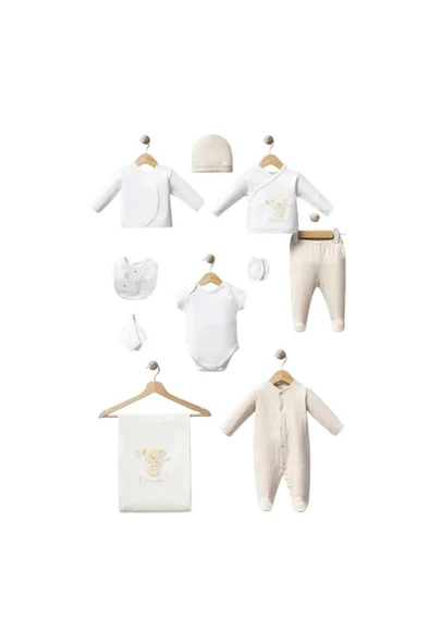 Bebitof %100 Pamuk Sarılan Ayıcık Desenli 10 Parça Kutulu Yenidoğan Hastane Çıkışı Zıbın Seti BBTF.BJ.10099