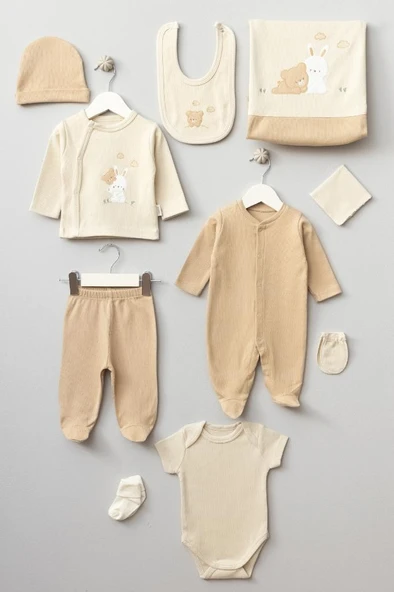 Bebitof %100 Pamuk Ayıcık ve Tavşan Desenli 10 Parça Kutulu Yenidoğan Hastane Çıkısı Seti BBTF.BJ.10088