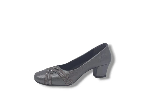 Zerhan 1002 Kadın Platin Pırıltılı Taşlı Alçak Topuklu Ayakkabı - Resim 3