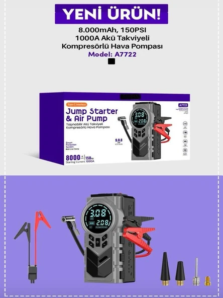8000mAh Dijital Ekranlı Araba Akü Takviye'li Kompresör Araç Lastik Şişirme Hava Pompası - 150PSI - 8