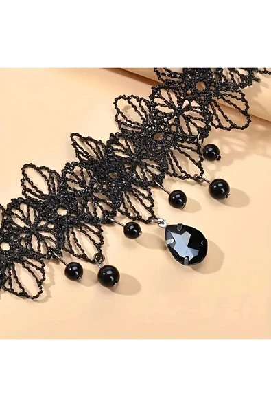 Monalisa Home Kadınlar İçin Phenovo Siyah Dantelli Gerdanlık Kolye - Resim 2