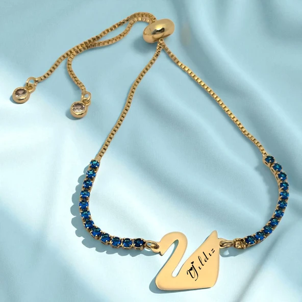 14 Ayar Altın Plakalı İsme Özel Kuğu Kuşu Figürlü Altın Renkli Zincirli Mavi Taş Desenli Hediye Bileklik-600 ürün görseli