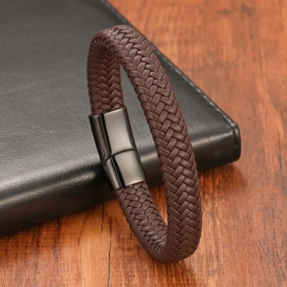 Kahve Deri Örgü Çelik Bileklik 31833B4D5 - 4