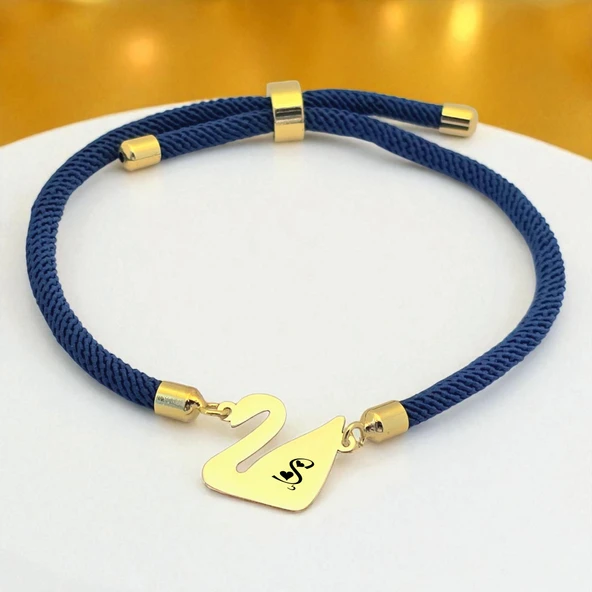 14 Ayar Altın Plakalı Harfe Özel Lacivert Örgü İpli Kuğu Kuşu Figürlü Hediye Bileklik-604 ürün görseli