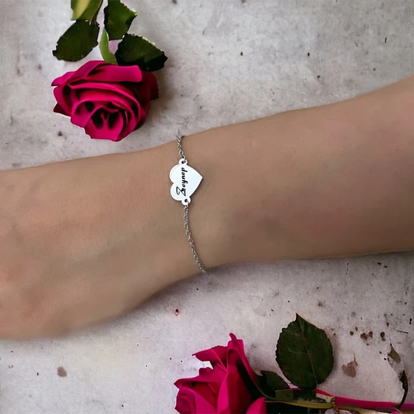 925 Ayar Gümüş Plakalı İsme Özel Kalp Figürlü Zincirli Hediye Bileklik-585 ürün görseli