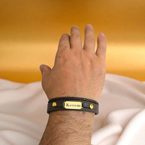 14 Ayar Altın Plakalı İsme Özel Dikdörtgen Figürlü Koyu Kahverengi Derili Hediye Bileklik-602 - Resim 3