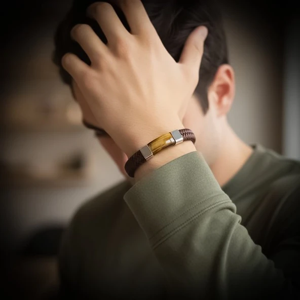 Kaplan Gözü Taşlı Kahverengi Deri Erkek Çelik Bileklik 31834B6D2 - Resim 2