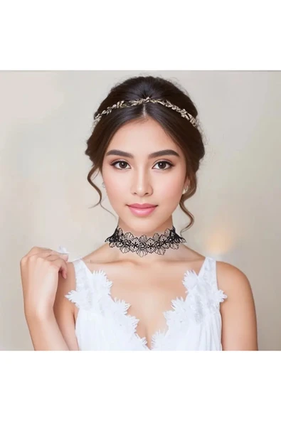 Monalisa Home Kadınlar İçin Phenovo Siyah Dantelli Gerdanlık Kolye - Resim 2