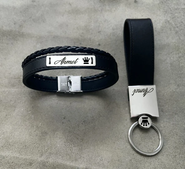 925 Ayar Gümüş Plakalı İsme Özel Taç Motifli Hakiki Siyah Derili Hediye Seti-584 ürün görseli