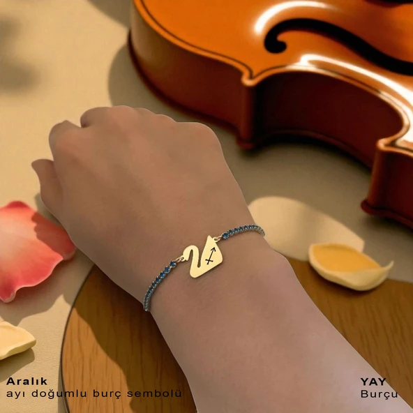 14 Ayar Altın Plakalı Doğum Ayına Özel Altın Renkli Zincirli Mavi Taş Desenli Kuğu Kuşu Figürlü Hediye Bileklik-600 - Resim 2