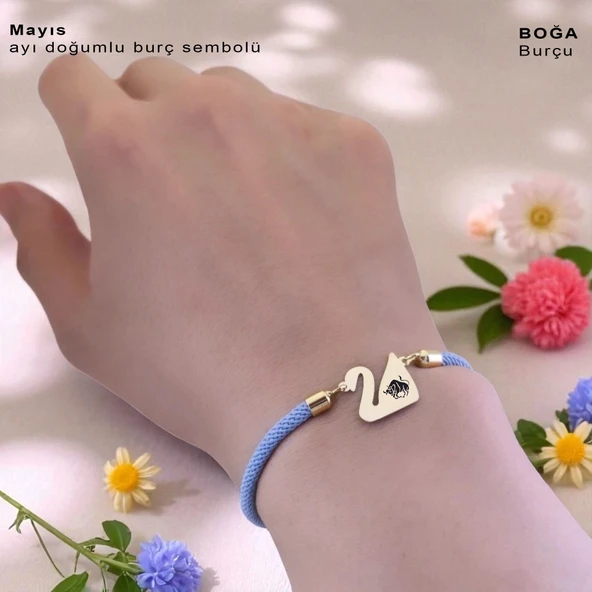 14 Ayar Altın Plakalı Burca Özel Mavi İpek Örgülü Kuğu Kuşu Motifli Hediye Bileklik-603 - Resim 2