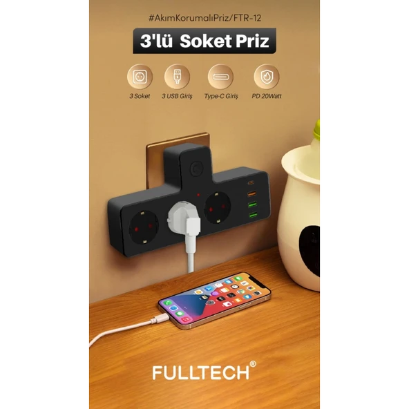 Termal Akım Korumalı Isıya Dayanıklı 3’lü Priz 3x Usb 1x Type-c - 2