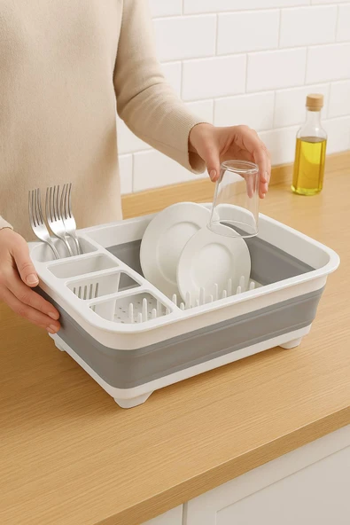 Katlanabilir Gri-Beyaz Bulaşıklık, Drenaj Delikli, Kaşıklıklı, Geniş Kapasiteli, Kamp ve Mutfak Kullanımı İçin Uygun - 2