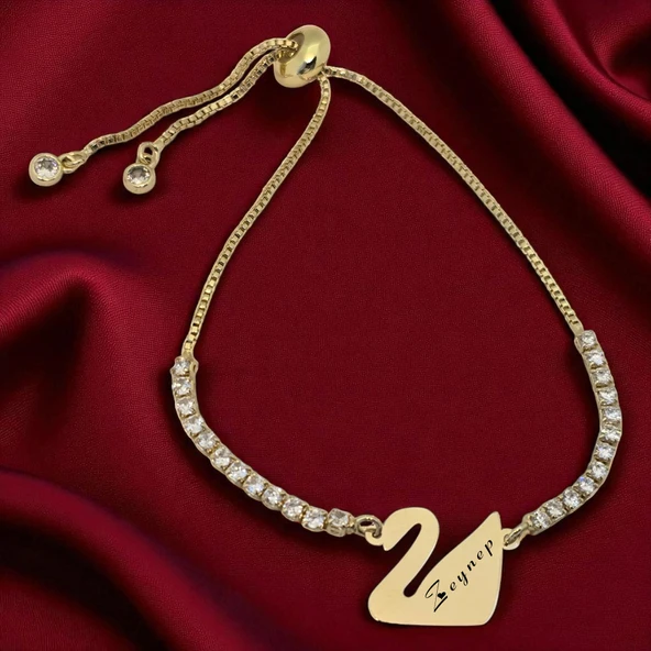 14 Ayar Altın Plakalı İsme Özel Kuğu Kuşu Motifli Altın Renkli Zincirli Beyaz Taş Desenli Hediye Bileklik-601 ürün görseli