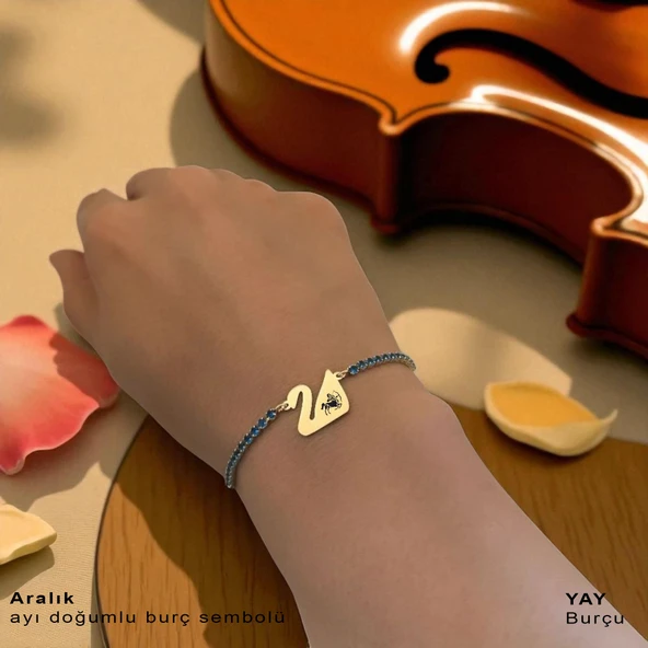 14 Ayar Altın Plakalı Burca Özel Altın Renkli Zincirli Mavi Taş Desenli Kuğu Kuşu Figürlü Hediye Bileklik-600 - Resim 2