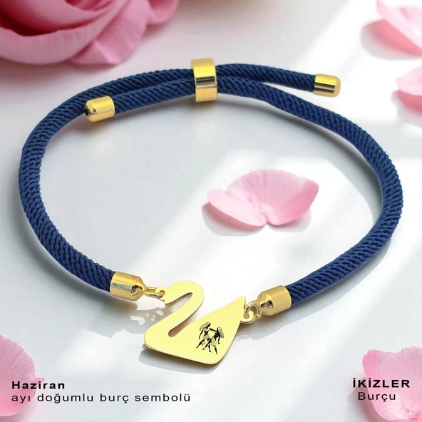 14 Ayar Altın Plakalı Burca Özel Lacivert Örgü İpli Kuğu Kuşu Figürlü Hediye Bileklik-604 ürün görseli