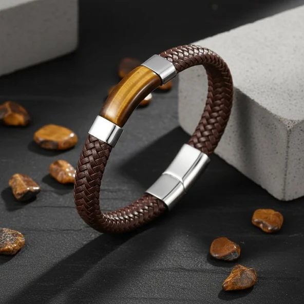 Kaplan Gözü Taşlı Kahverengi Deri Erkek Çelik Bileklik 31834B6D2 - Resim 5