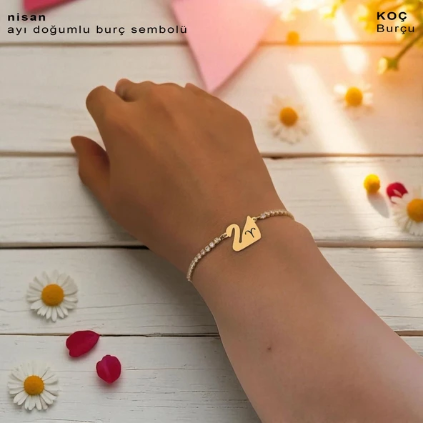 14 Ayar Altın Plakalı Doğum Ayına Özel Altın Renkli Zincirli Beyaz Taş Desenli Kuğu Kuşu Motifli Hediye Bileklik-601 - Resim 2