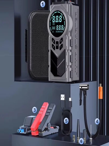 8000mAh Dijital Ekranlı Araba Akü Takviye'li Kompresör Araç Lastik Şişirme Hava Pompası - 150PSI - 6
