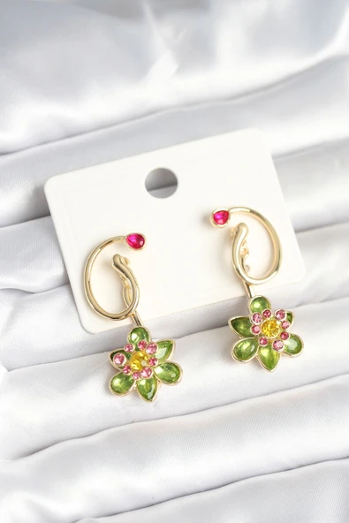 Pirinç Gold Renk Zirkon Taşlı Çiçek Model Kadın Küpe - TJ-BKP11249 ürün görseli