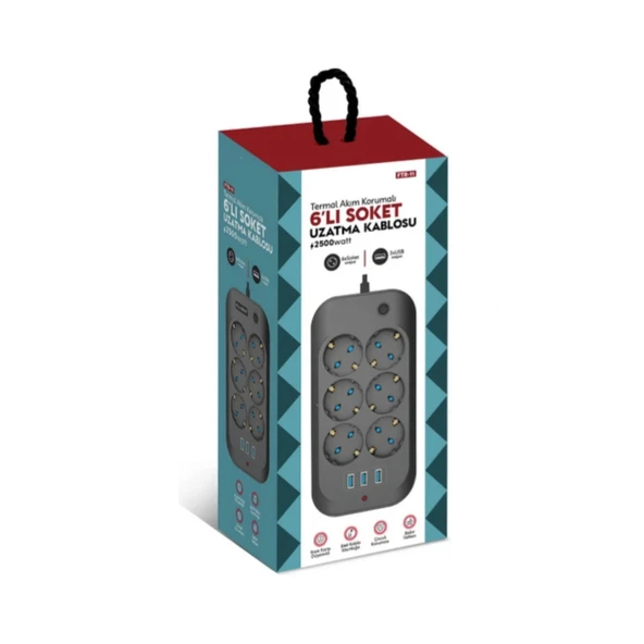Termal Akım Korumalı, Çocuk Korumalı, 6’lı 2 Mt Uzatma Kablosu 6 X Priz, 3 X Usb - 2
