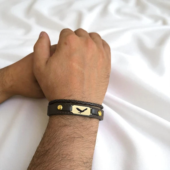 14 Ayar Altın Plakalı Sembole Özel Dikdörtgen Figürlü Koyu Kahverengi Derili Hediye Bileklik-602 - Resim 2