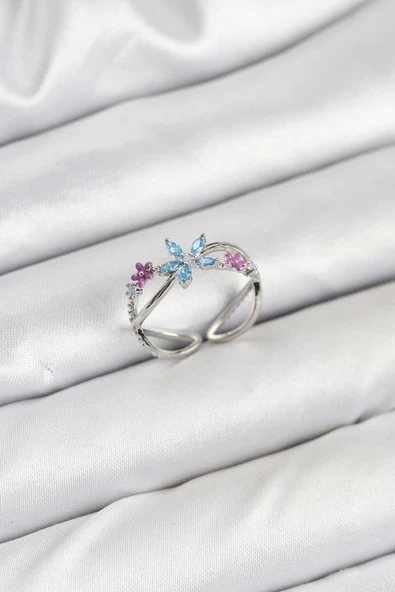 Pirinç Gümüş Renk Zirkon Taşlı Mavi Çiçekli Kadın Yüzük - TJ-BYK3835 ürün görseli