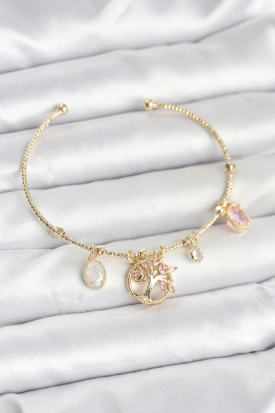 Hayat Ağacı Charmlı Gold Renk Pirinç Kadın Bileklik - TJ-BB8037 ürün görseli