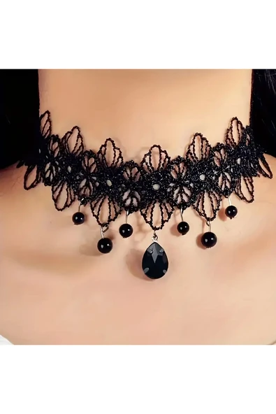 Monalisa Home Kadınlar İçin Phenovo Siyah Dantelli Gerdanlık Kolye ürün görseli