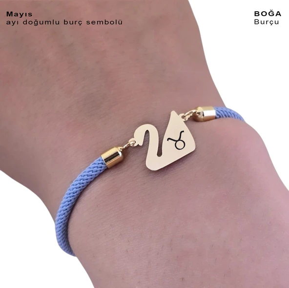 14 Ayar Altın Plakalı Doğum Ayına Özel Mavi İpek Örgülü Kuğu Kuşu Motifli Hediye Bileklik-603 - Resim 3