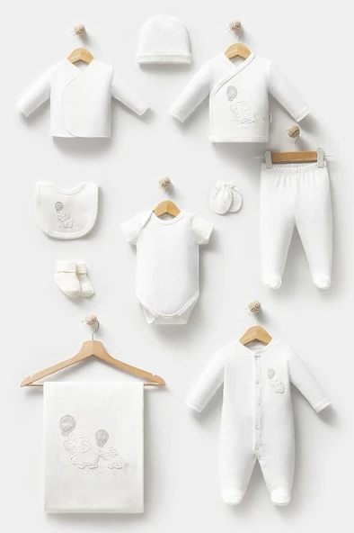 Bebitof %100 Pamuk Sevimli Balonlu Fil Desenli 10 Parça Kutulu Yenidoğan Hastane Çıkışı Zıbın Seti BBTF.EKR.10124