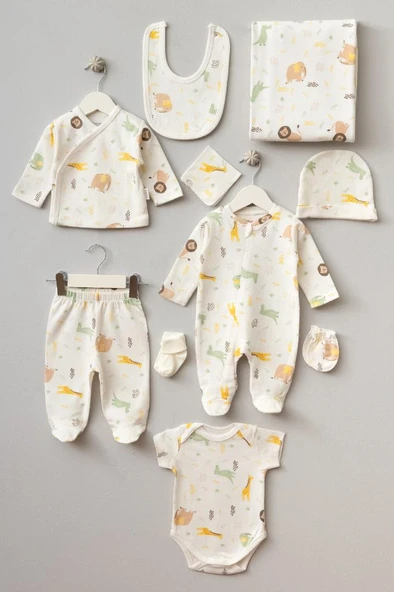 Bebitof %100 Pamuk Sevimli Zürafa Desenli 10 Parça Kutulu Yenidoğan Hastane Çıkışı Zıbın Seti BBTF.EKR.10104