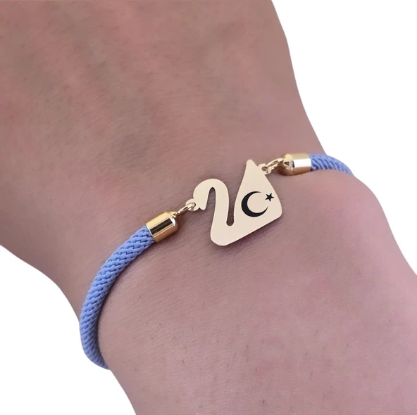 14 Ayar Altın Plakalı Sembole Özel Kuğu Kuşu Motifli Mavi İpek Örgülü Hediye Bileklik-603 - Resim 3