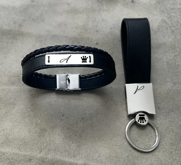 925 Ayar Gümüş Plakalı Harfe Özel Hakiki Siyah Derili Taç Motifli Hediye Seti-584 ürün görseli