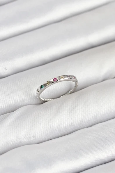 Pirinç Gümüş Renk Renkli Zirkon Taşlı Kadın Yüzük - TJ-BYK3885 ürün görseli