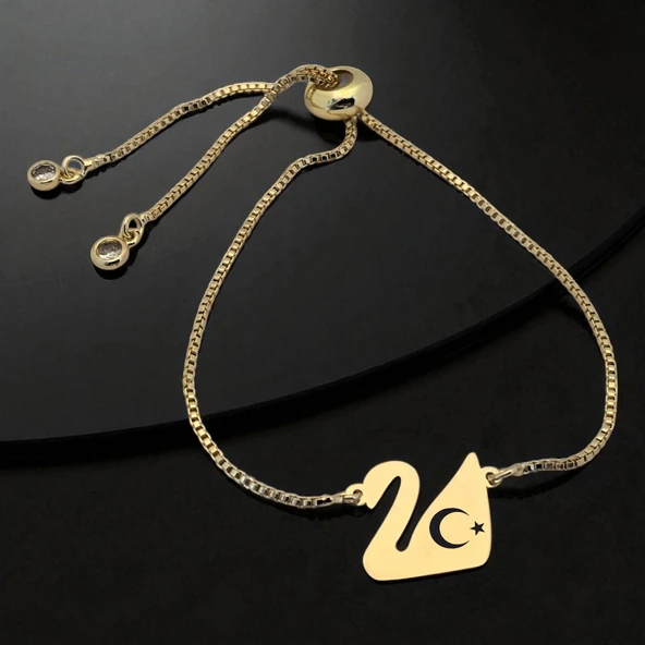 14 Ayar Altın Plakalı Sembole Özel Kuğu Kuşu Motifli Altın Renkli Zincirli Hediye Bileklik-599 ürün görseli