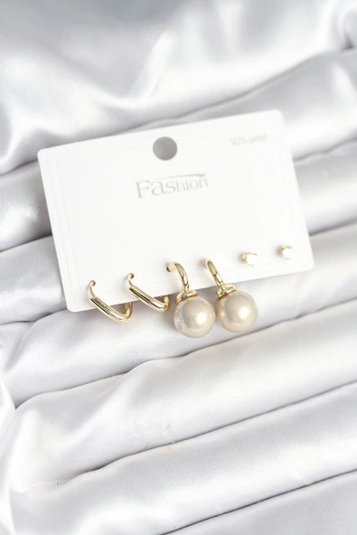 Pirinç Gold Renk İnci Detaylı 925 Gümüş Çivili Kadın Küpe Seti - TJ-BKP11253 ürün görseli