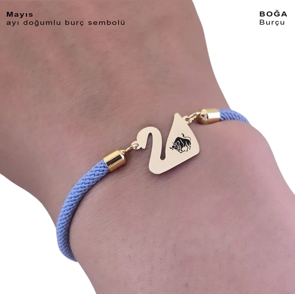 14 Ayar Altın Plakalı Burca Özel Mavi İpek Örgülü Kuğu Kuşu Motifli Hediye Bileklik-603 - Resim 3