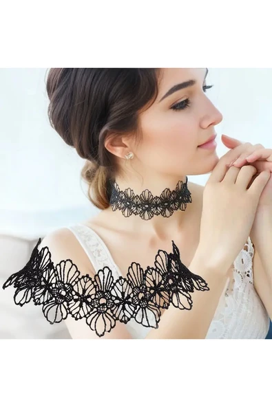Monalisa Home Kadınlar İçin Phenovo Siyah Dantelli Gerdanlık Kolye - Resim 4