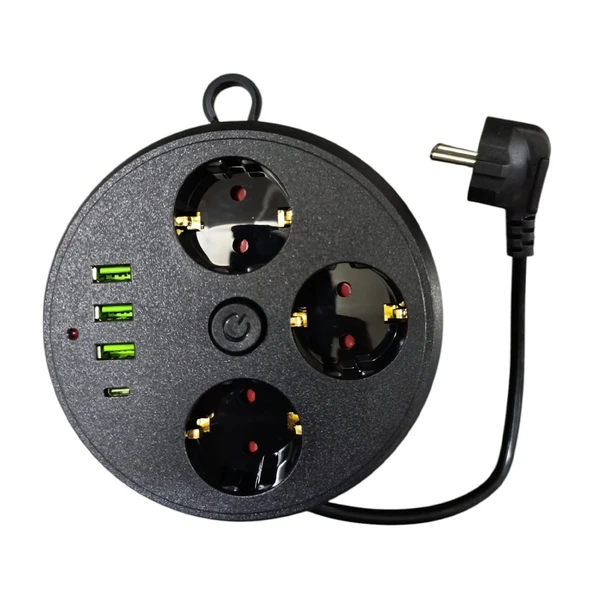 3 Lü Akım Korumalı Priz Makaralı Anahtarlı 16a 4000 Watt 3 X Usb - 1 Type-c 3395