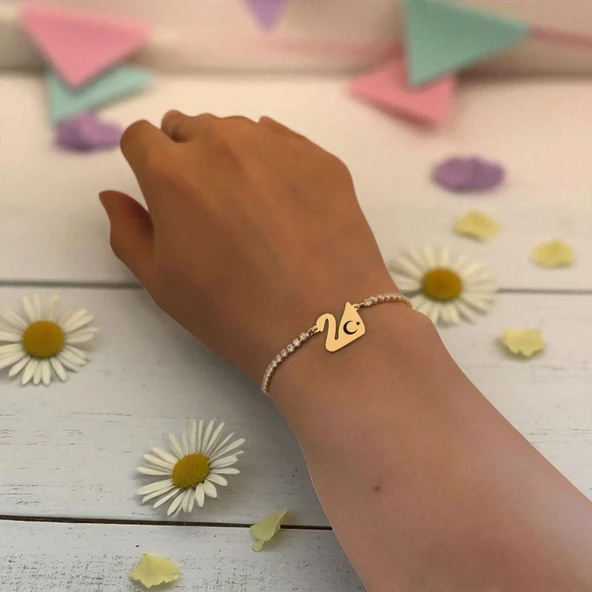 14 Ayar Altın Plakalı Sembole Özel Kuğu Kuşu Motifli Altın Renkli Zincirli Beyaz Taş Desenli Hediye Bileklik-601 - Resim 2