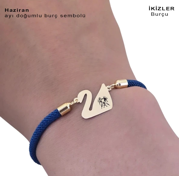 14 Ayar Altın Plakalı Burca Özel Lacivert Örgü İpli Kuğu Kuşu Figürlü Hediye Bileklik-604 - Resim 3