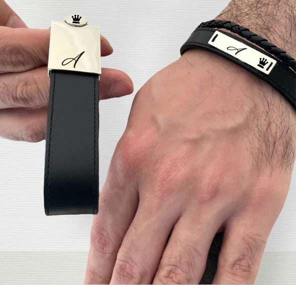 925 Ayar Gümüş Plakalı Harfe Özel Hakiki Siyah Derili Taç Motifli Hediye Seti-584 - Resim 2