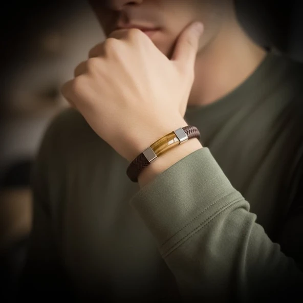 Kaplan Gözü Taşlı Kahverengi Deri Erkek Çelik Bileklik 31834B6D2 - Resim 3