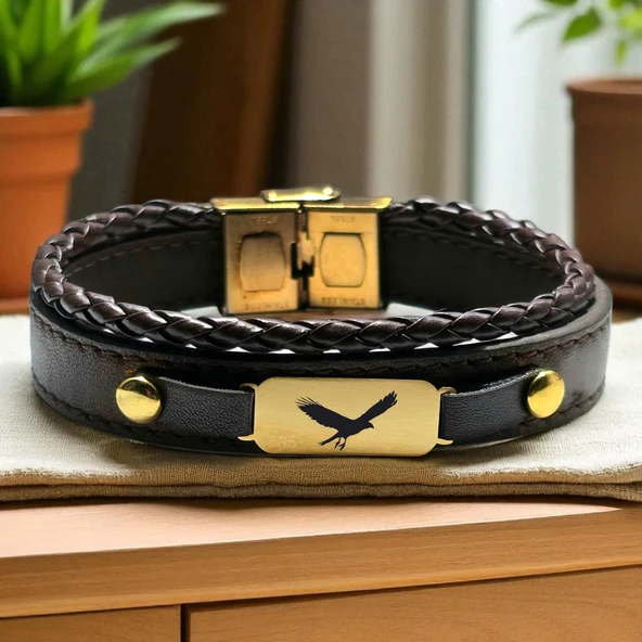 14 Ayar Altın Plakalı Sembole Özel Dikdörtgen Figürlü Koyu Kahverengi Derili Hediye Bileklik-602 ürün görseli