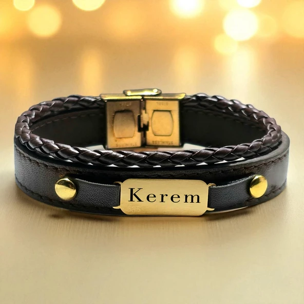 14 Ayar Altın Plakalı İsme Özel Dikdörtgen Figürlü Koyu Kahverengi Derili Hediye Bileklik-602 ürün görseli