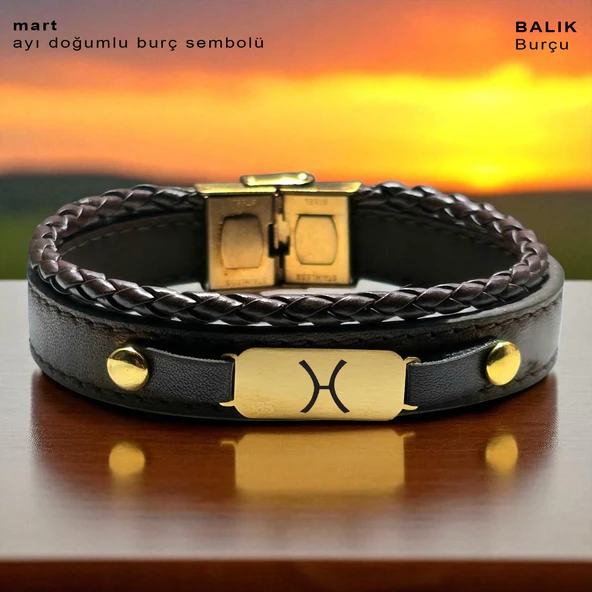 14 Ayar Altın Plakalı Doğum Ayına Özel Koyu Kahverengi Derili Dikdörtgen Figürlü Hediye Bileklik-602 ürün görseli