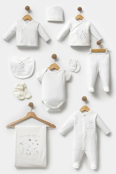 Bebitof %100 Pamuk Sevimli Tavşanlar Desenli 10 Parça Kutulu Yenidoğan Hastane Çıkışı Zıbın Seti BBTF.EKR.10127