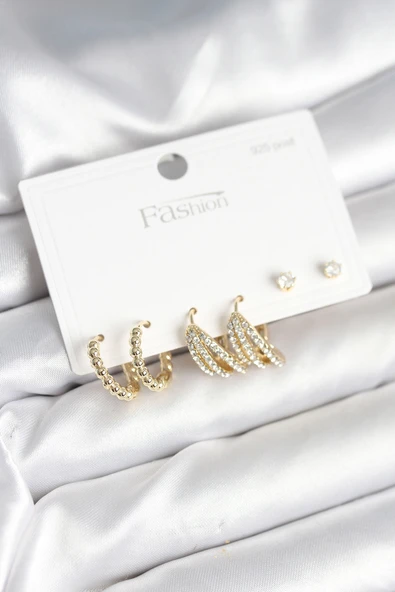 Gold Renk Pirinç 925 Ayar Gümüş Çivili Kadın Küpe Seti - TJ-BKP11276 ürün görseli