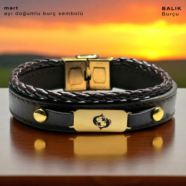 14 Ayar Altın Plakalı Burca Özel Koyu Kahverengi Derili Dikdörtgen Figürlü Hediye Bileklik-602 - 1